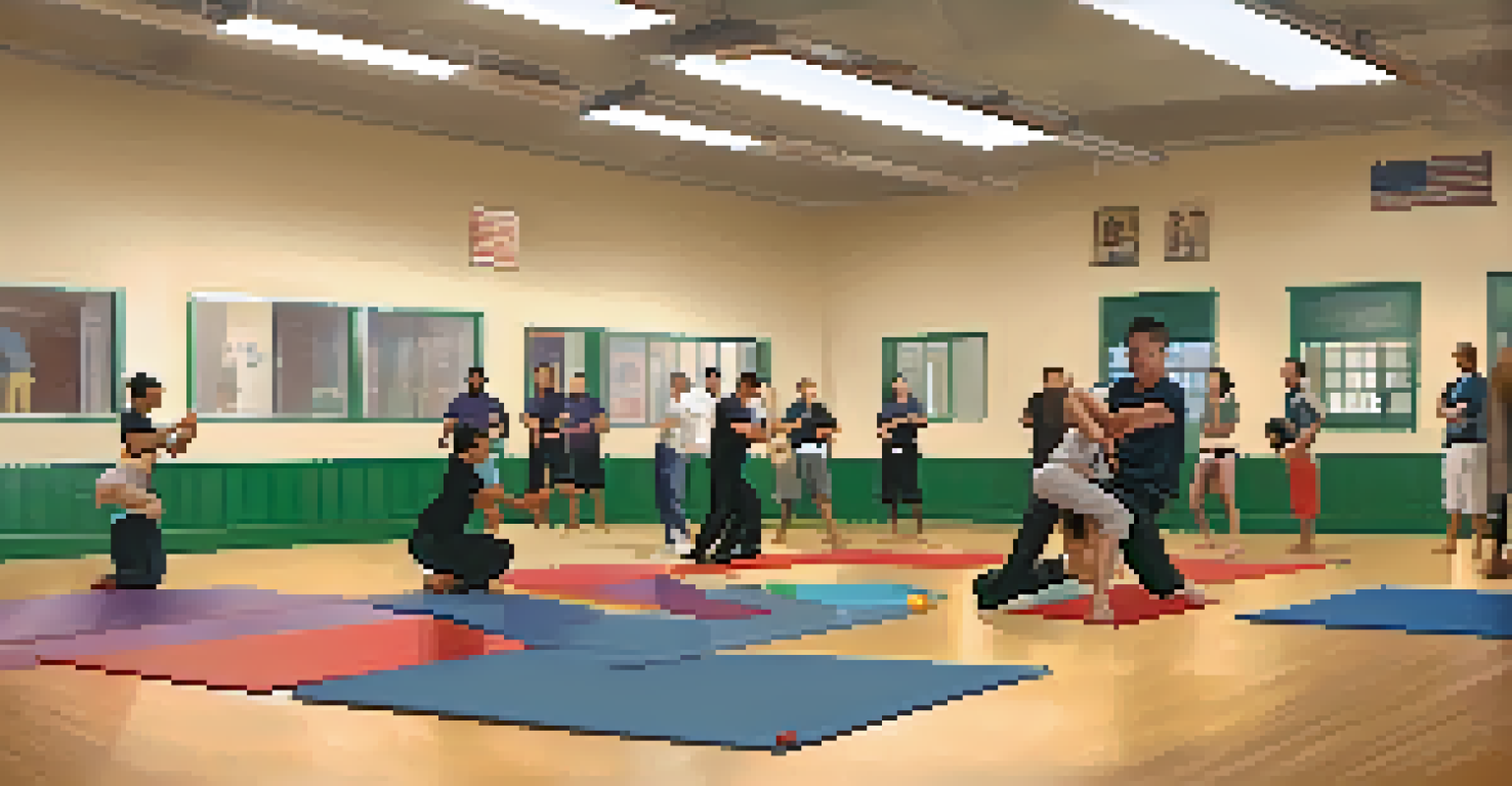 Participants learning self-defense techniques in a community center, with an instructor guiding them.