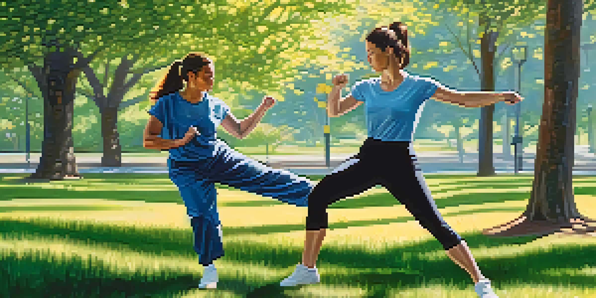 A woman in athletic wear practicing self-defense in a sunny park, surrounded by trees and flowers.