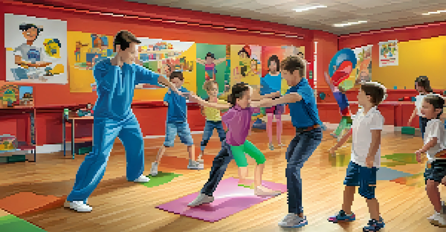 Children playing Self-Defense Simon Says in a bright indoor space, learning techniques while having fun.