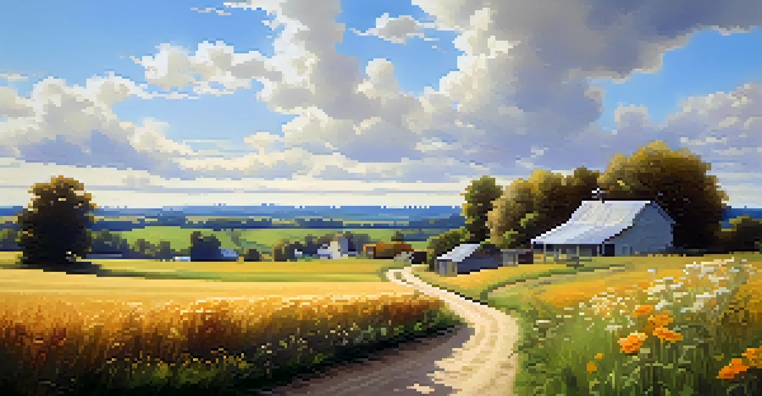 A tranquil rural landscape with a dirt path, wildflowers, and a farmhouse under a blue sky.