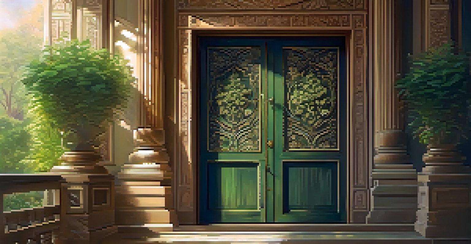 A detailed wooden door slightly open with sunlight streaming through.