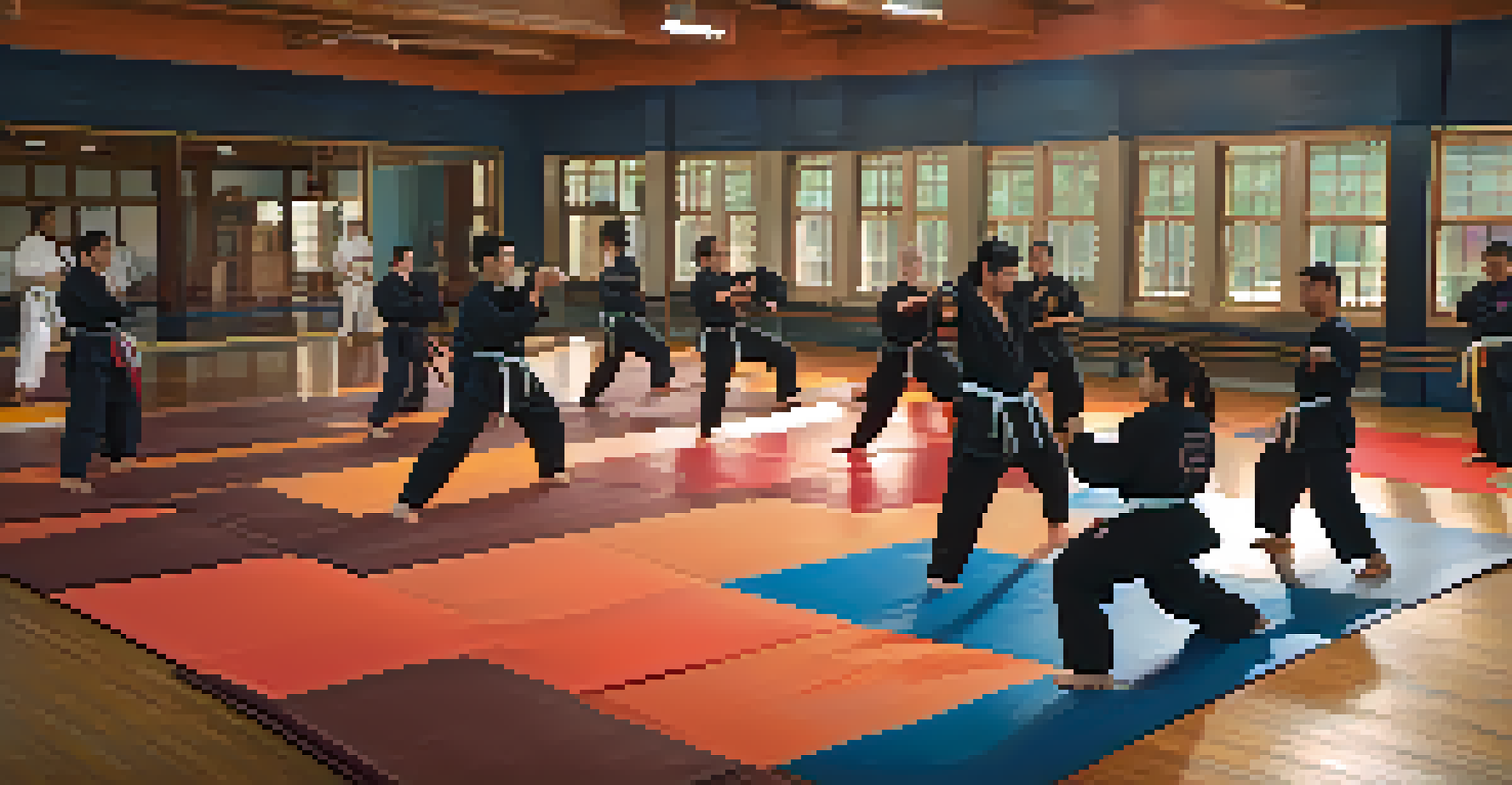 A diverse group of individuals practicing self-defense techniques in a gym setting.