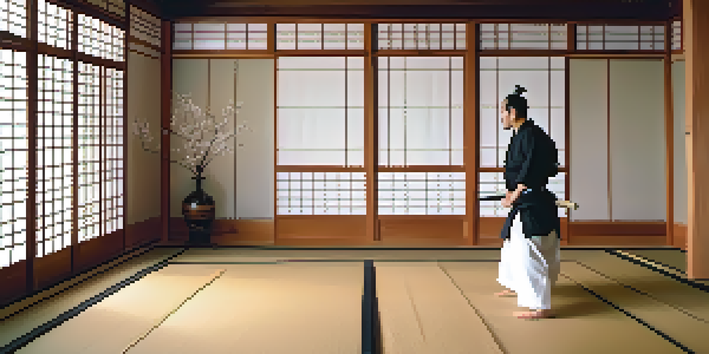 An interior of a dojo with wooden floors and a practitioner demonstrating Aikido, illuminated by soft light from shoji screens.