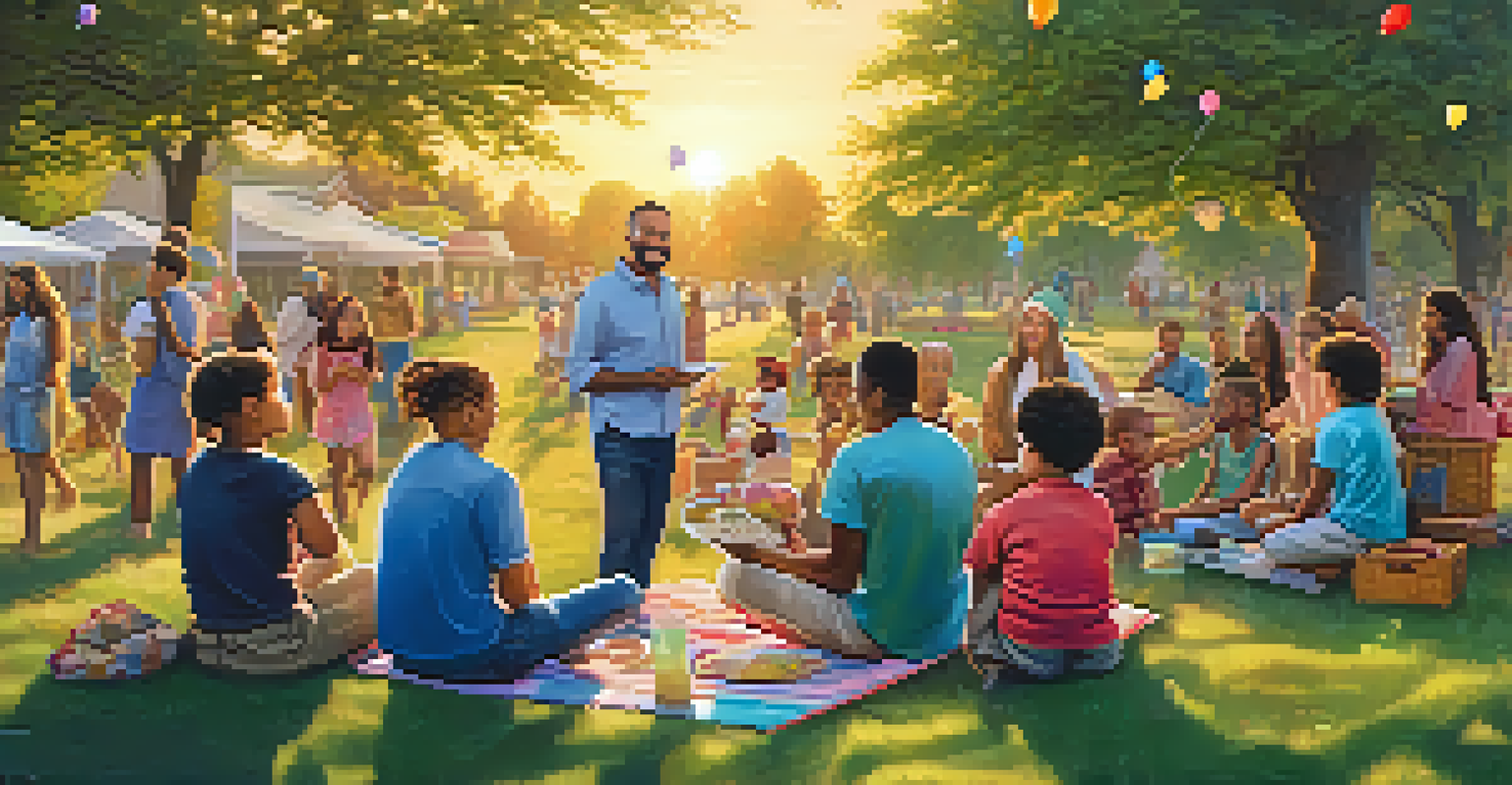 A community gathering in a park with families and children discussing the importance of bystander responsibility, set against a colorful sunset.