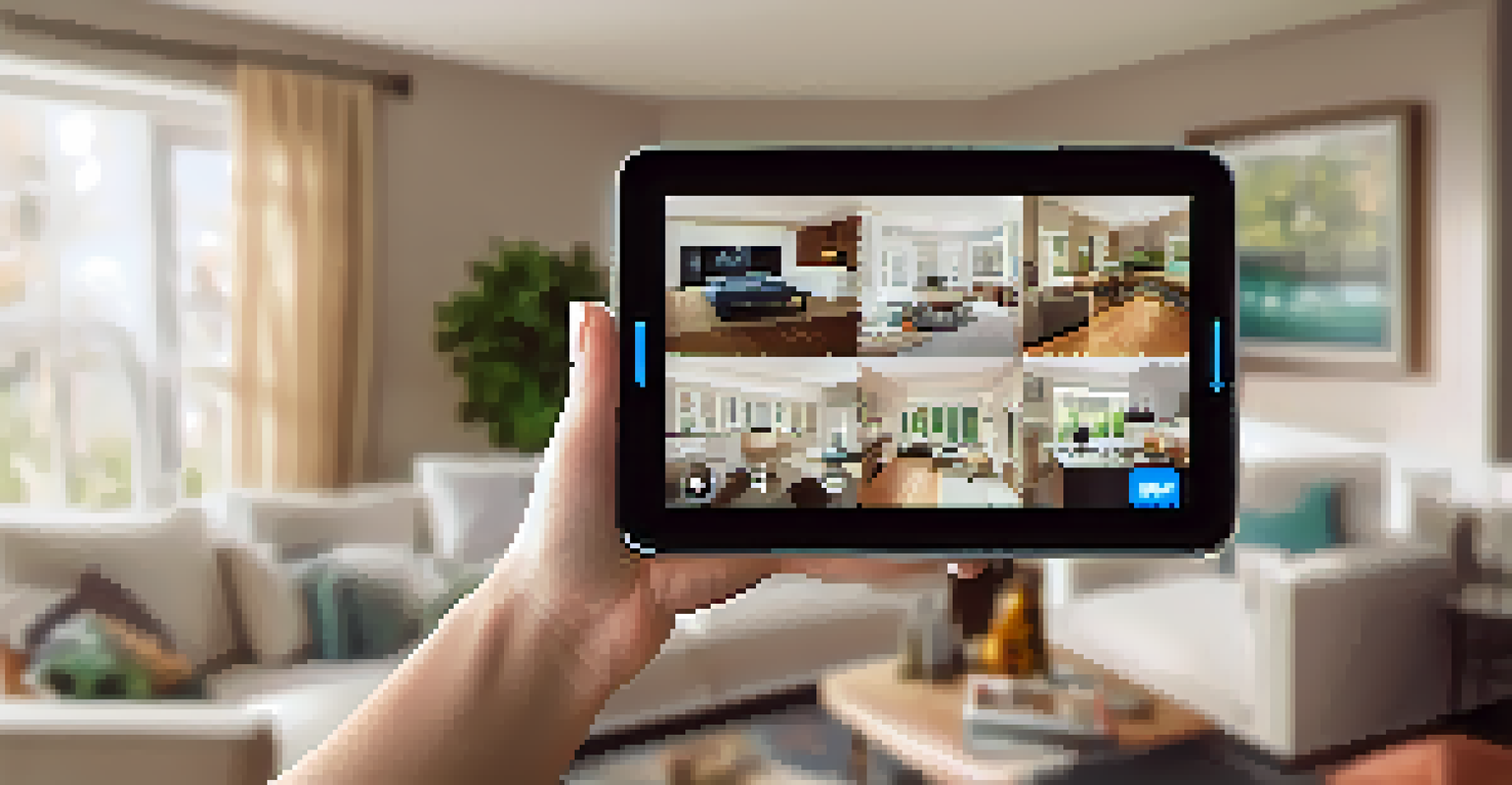 A hand holding a smartphone displaying live footage from a home security system.