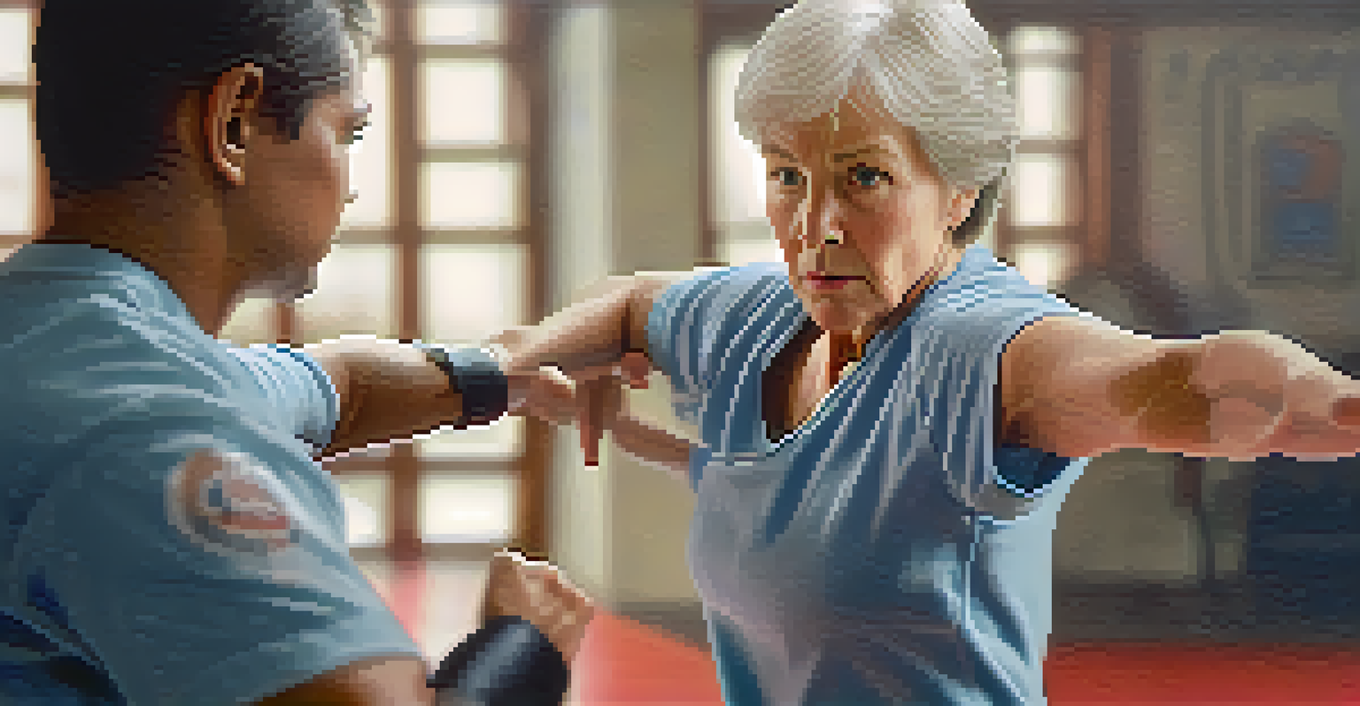 A senior woman practicing self-defense with an instructor, showing determination.