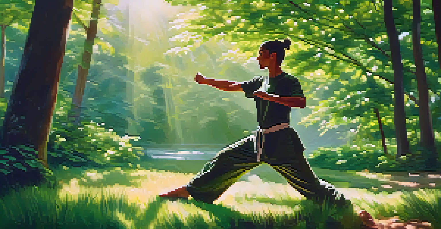 A person practicing self-defense in a peaceful outdoor environment, surrounded by greenery and sunlight.