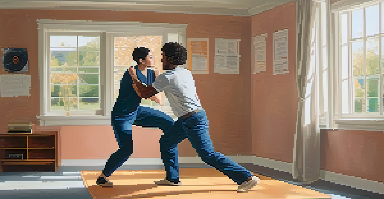 A person practicing self-defense with thought bubbles depicting positive affirmations and scenarios, in a calm and serene setting.
