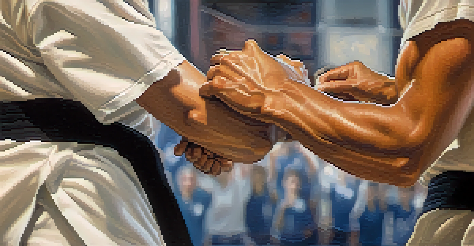 A close-up of an instructor's hands showing a wrist lock technique, with students practicing in the background.