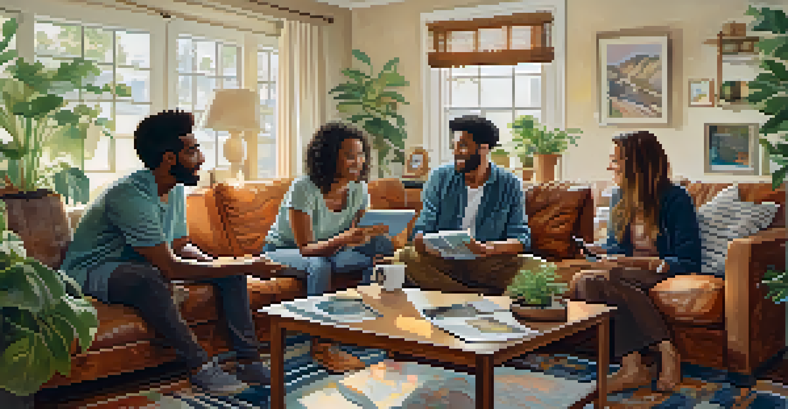 A diverse group of friends in a cozy living room discussing safety plans, surrounded by maps and smartphones, exuding trust and camaraderie.