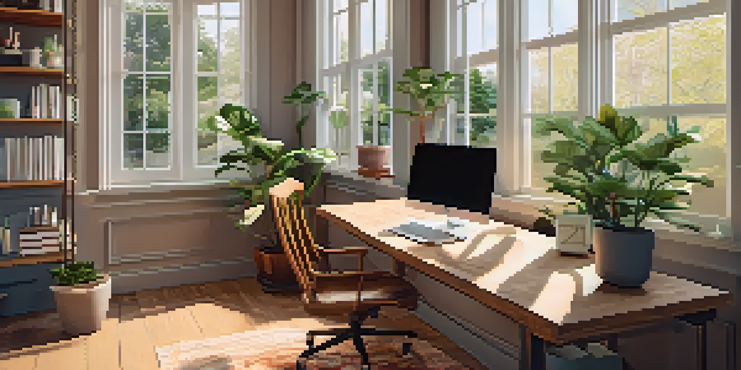 A bright and inviting home office with a desk, laptop, and plants, illuminated by natural light.