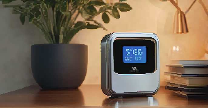 A close-up of a personal alarm device on a table in a cozy living room, with warm lighting.