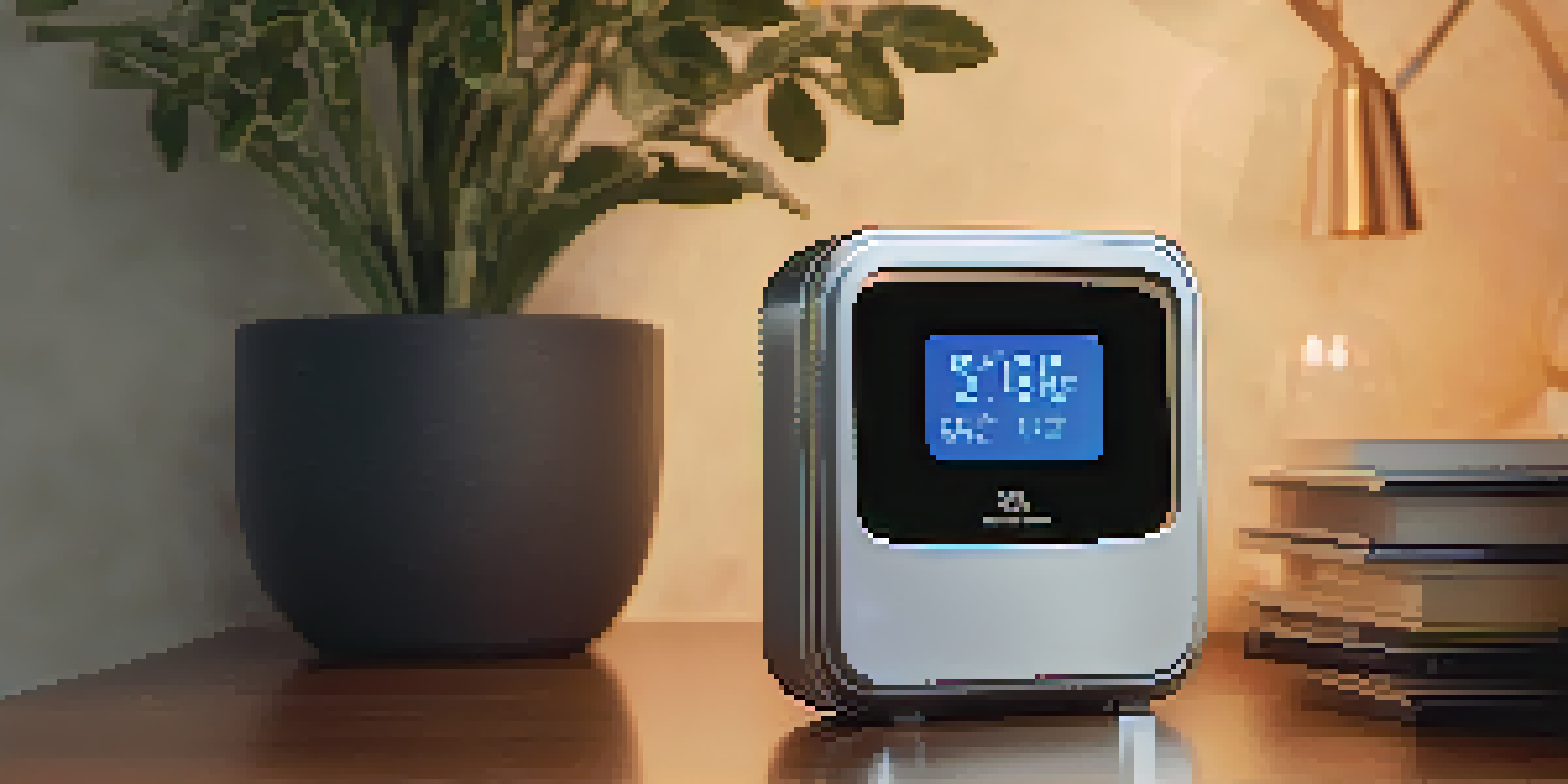 A close-up of a personal alarm device on a table in a cozy living room, with warm lighting.
