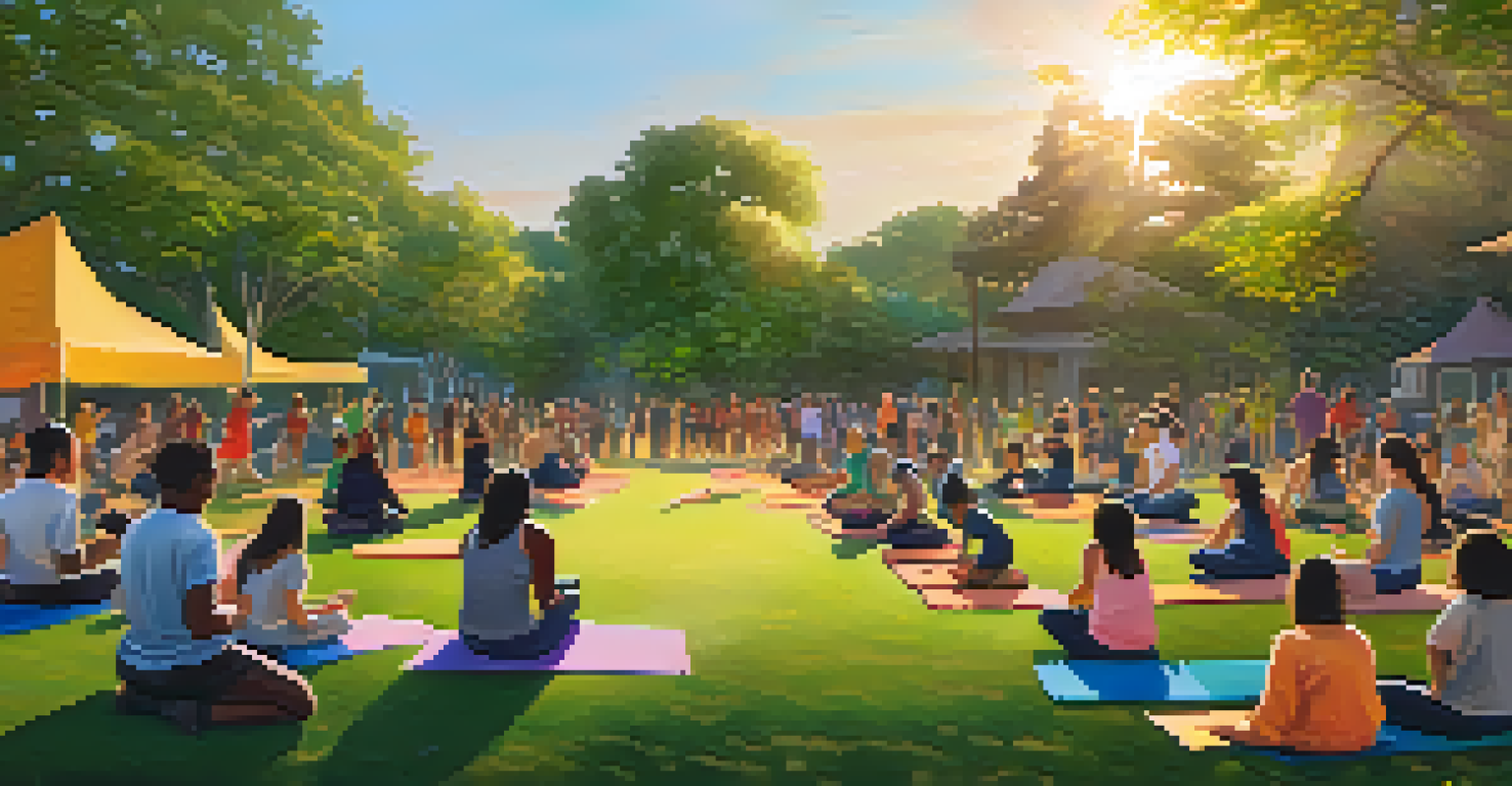 A community self-defense workshop in a park, with diverse participants learning together against a sunset backdrop.