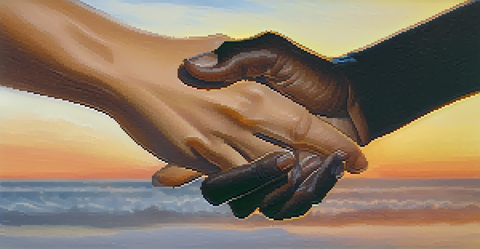 A close-up of two hands reaching out to each other in a gesture of understanding and empathy against a softly blurred warm background.