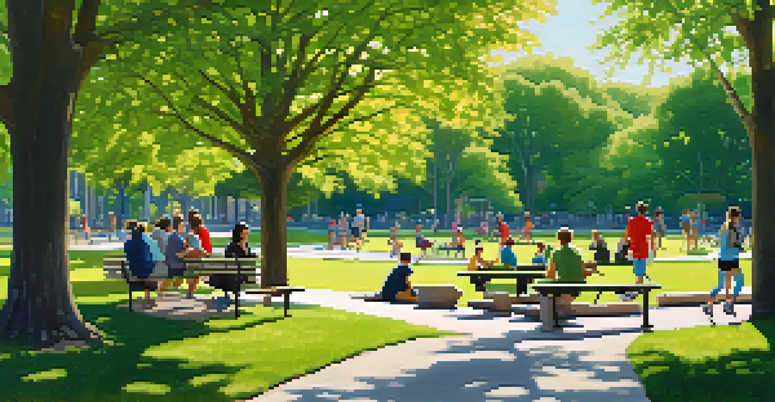 A sunny park with a person on a bench observing their surroundings while families and joggers are visible in the background, illustrating the concept of situational awareness in a calm environment.