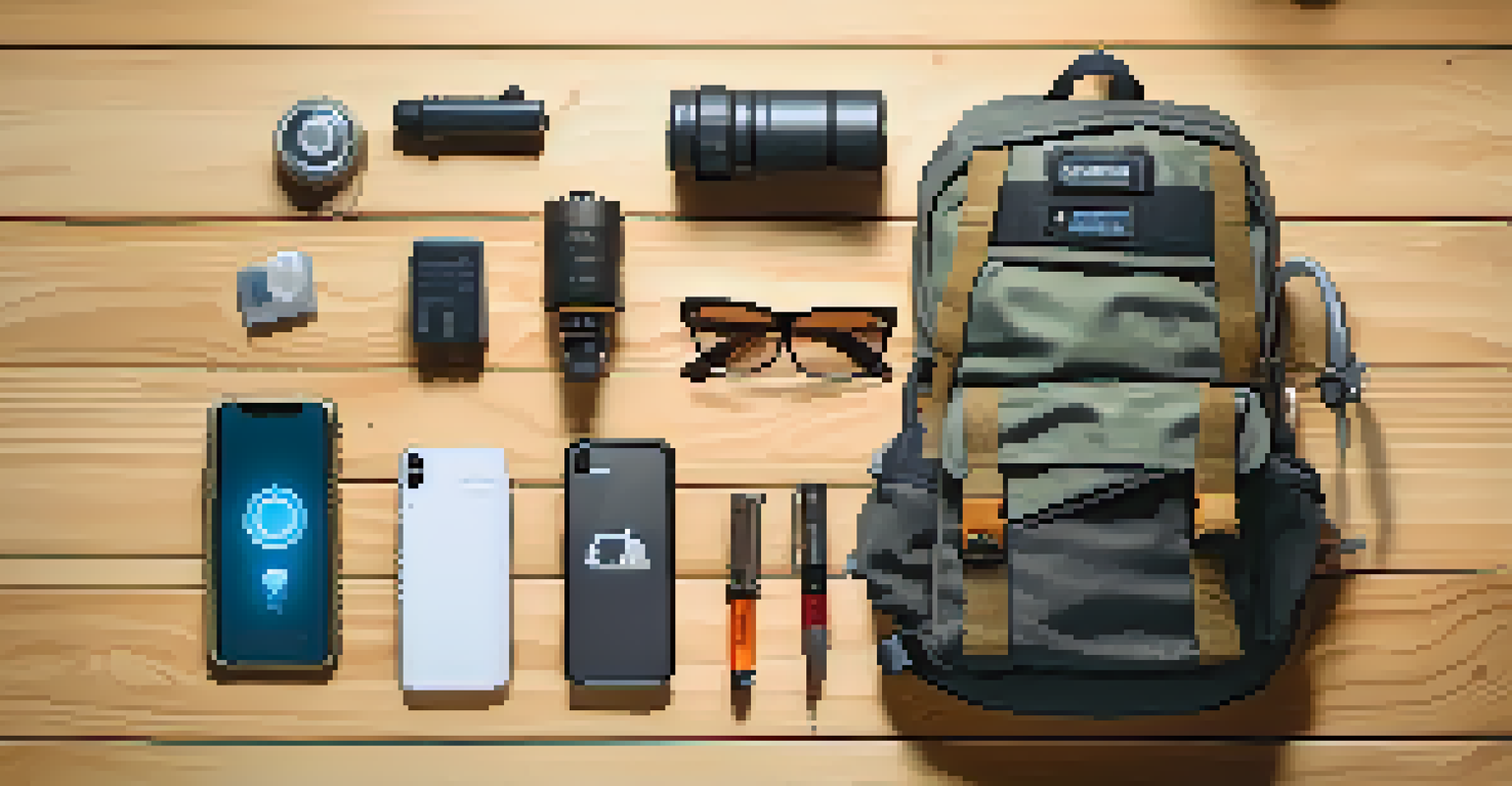 An assortment of urban survival gear on a wooden table, highlighting essential tools for safety.