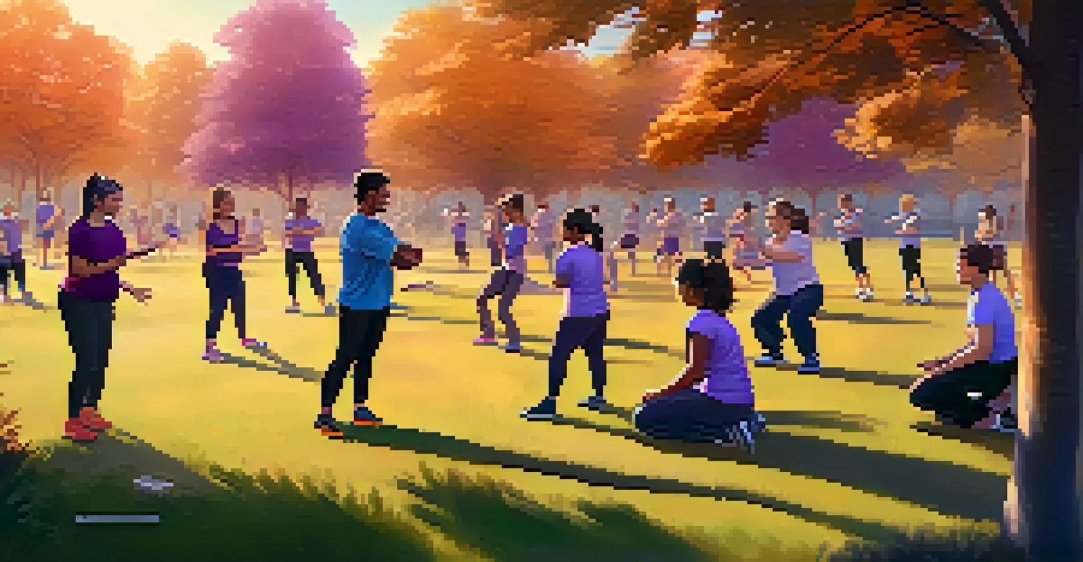 An outdoor self-defense class in a park at sunset, with participants practicing techniques under a colorful sky.