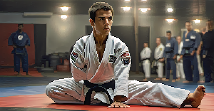 A Brazilian Jiu-Jitsu practitioner in a guard position on a mat, focused on their technique.