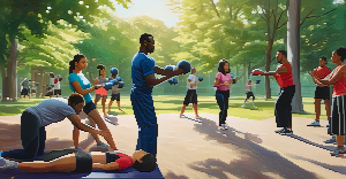 A diverse group of people practicing self-defense techniques in a park, with trees and sunlight creating a lively atmosphere.