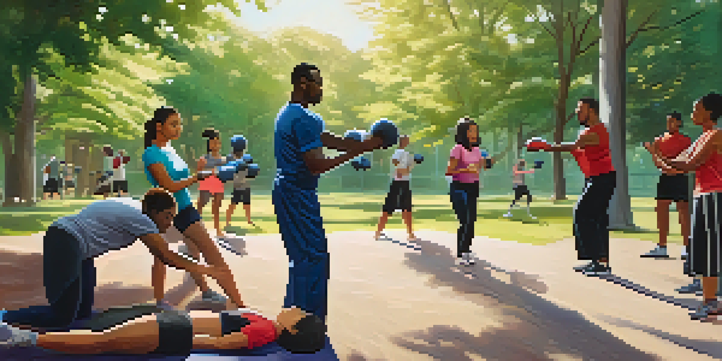 A diverse group of people practicing self-defense techniques in a park, with trees and sunlight creating a lively atmosphere.
