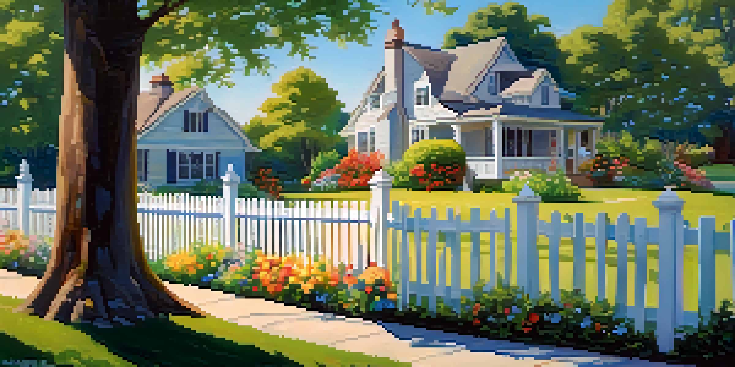 A peaceful garden enclosed by a white picket fence, with colorful flowers and sunlight creating a tranquil atmosphere.