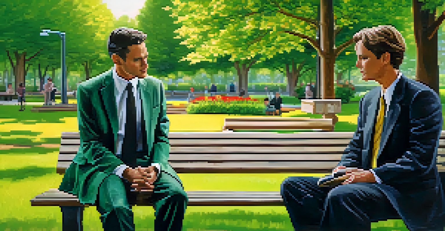 A lawyer and client discussing a case on a park bench in a park, surrounded by greenery.