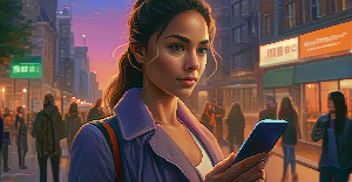 A confident woman holding a smartphone displaying a self-defense app, standing on a city street at dusk, with glowing streetlights in the background.