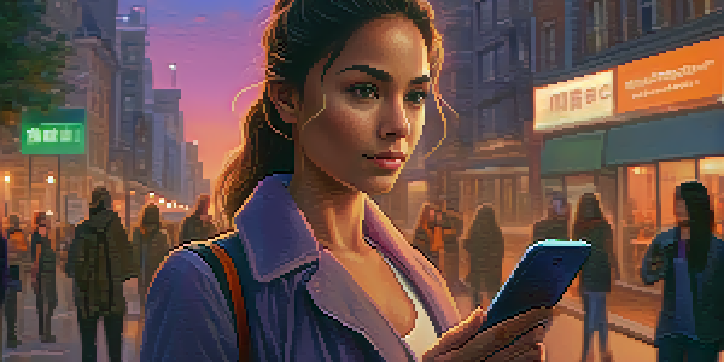 A confident woman holding a smartphone displaying a self-defense app, standing on a city street at dusk, with glowing streetlights in the background.