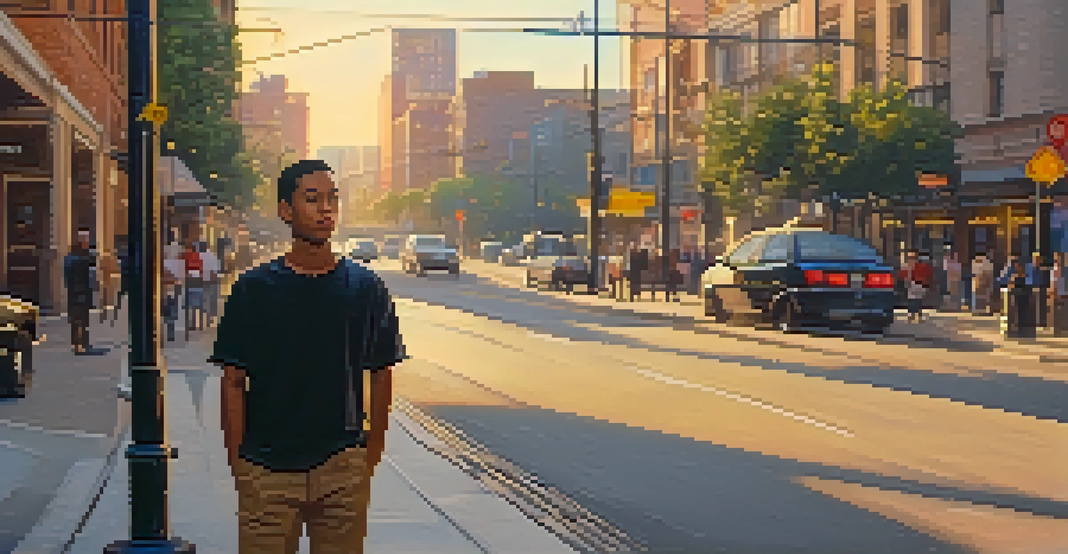 A confident person standing in an urban setting with a slight smile, showing assertive body language and awareness of their surroundings.