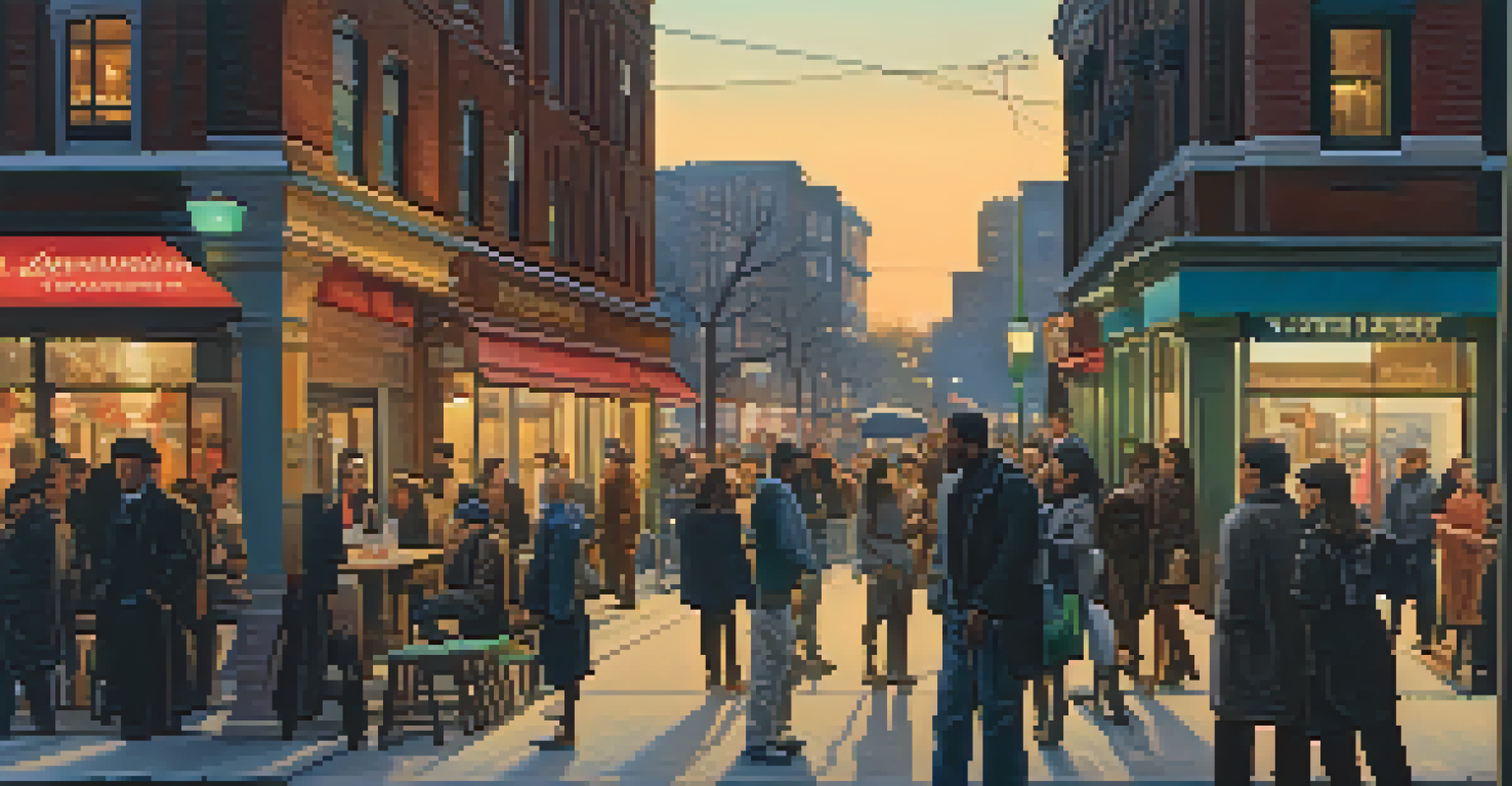 A bustling urban street at dusk with people engaged in conversations under warm streetlights.