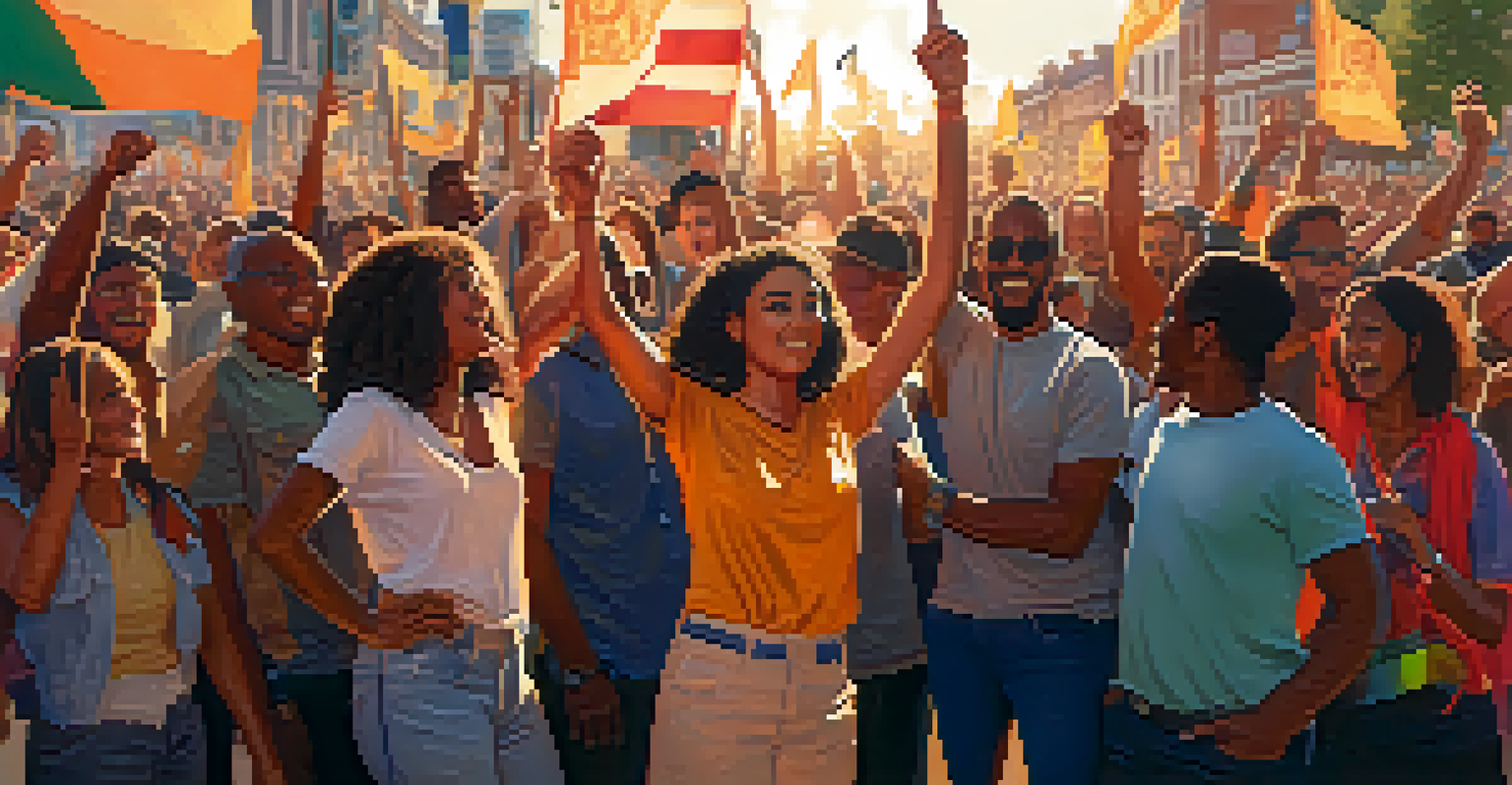 A group of friends at a protest using hand signals to communicate, surrounded by a vibrant crowd.