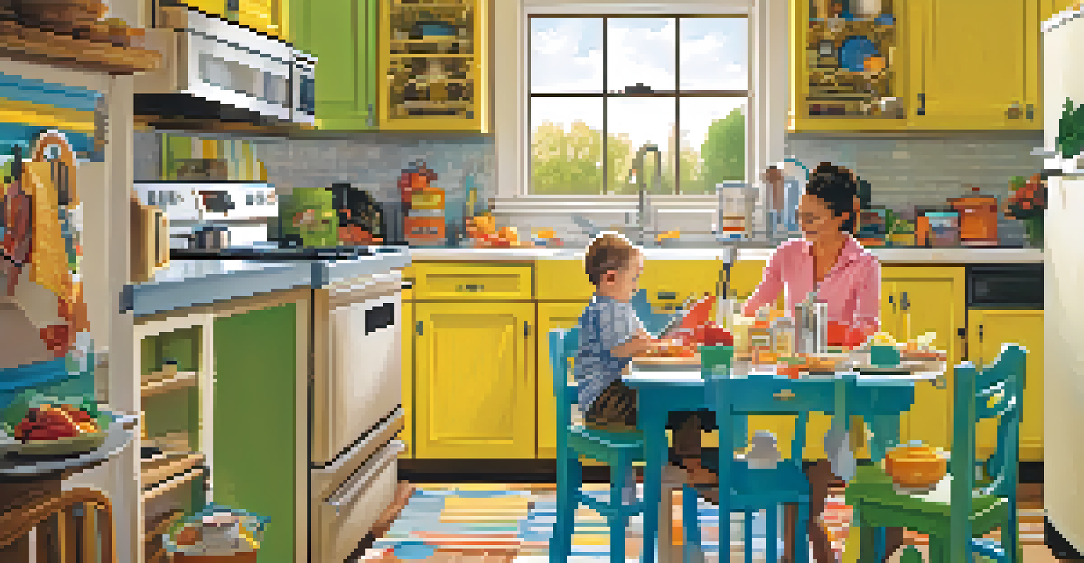 A safe kitchen environment with a baby in a high chair, showcasing child-proof measures and bright decor.