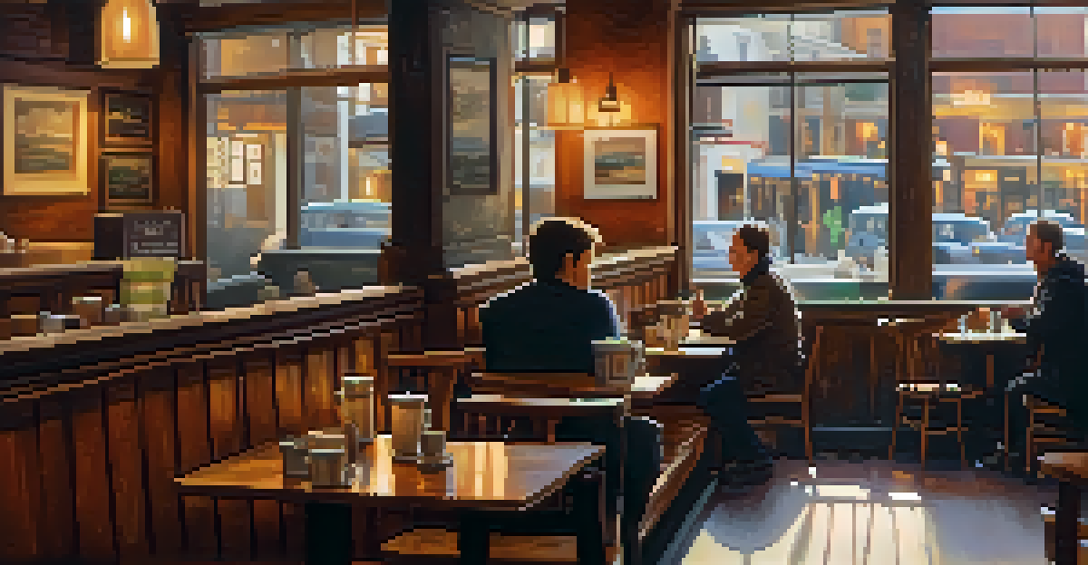 A warm café interior featuring a solo traveler enjoying coffee and observing their surroundings.