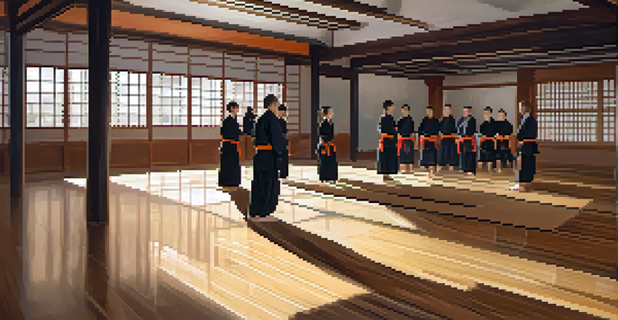 A peaceful dojo with practitioners training in self-defense, bathed in sunlight, highlighting their focus and determination.