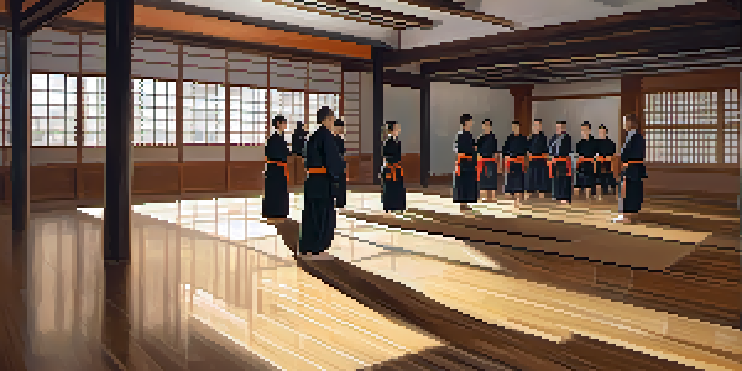 A peaceful dojo with practitioners training in self-defense, bathed in sunlight, highlighting their focus and determination.