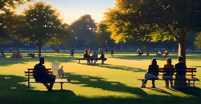 A peaceful park with people on benches chatting as the sun sets, surrounded by trees and soft shadows.