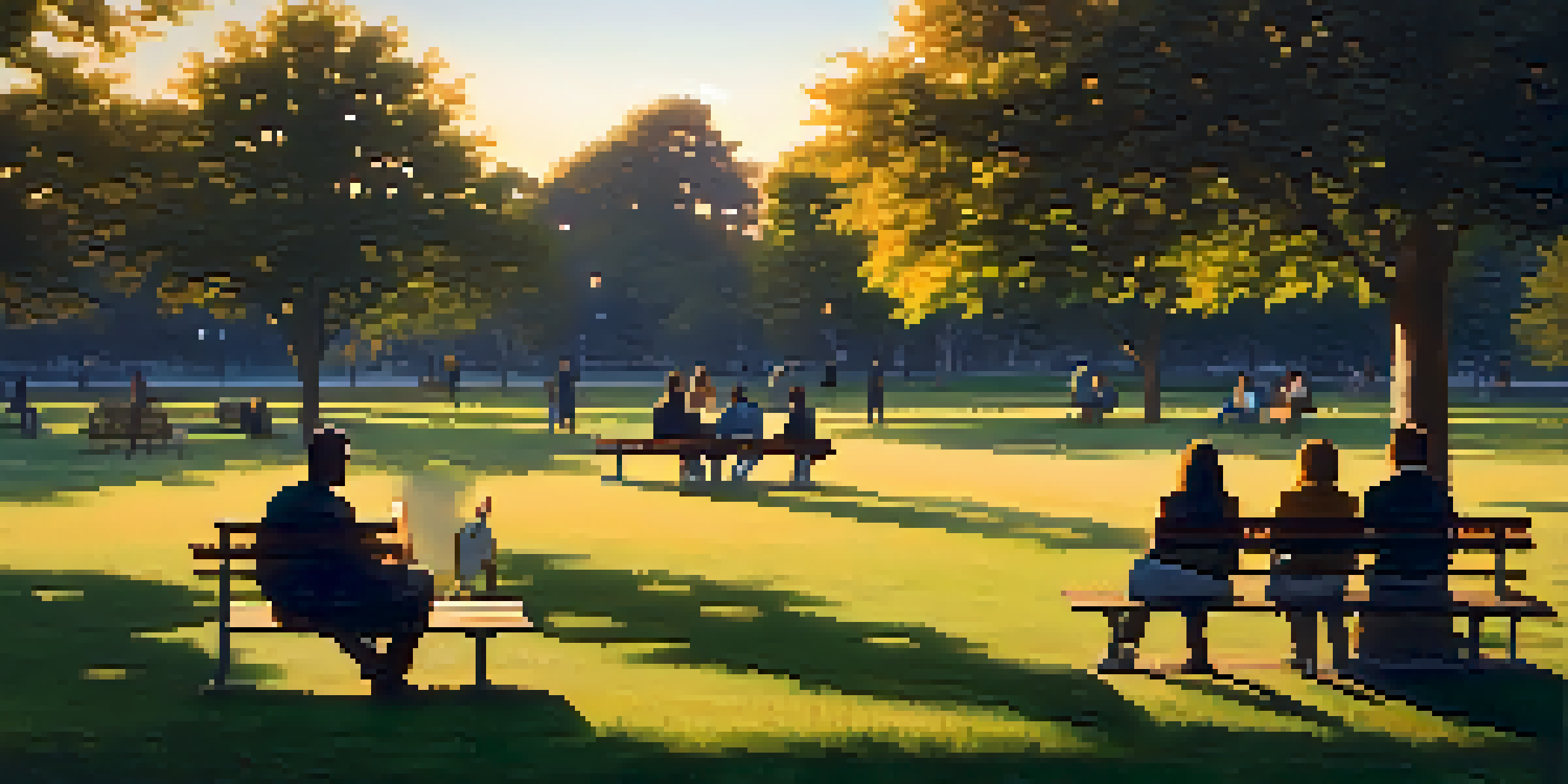 A peaceful park with people on benches chatting as the sun sets, surrounded by trees and soft shadows.