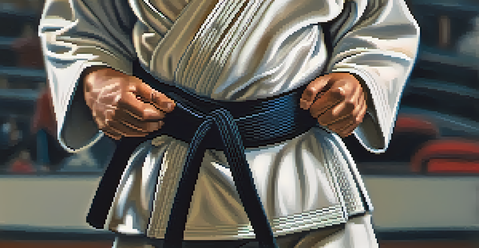 Close-up of hands tying a martial arts belt, symbolizing preparation for self-defense training.
