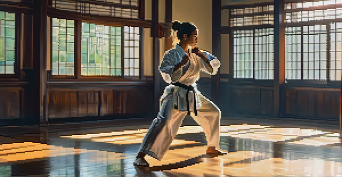 A woman demonstrating a palm strike in a dojo, with sunlight illuminating the space and other women practicing in the background.