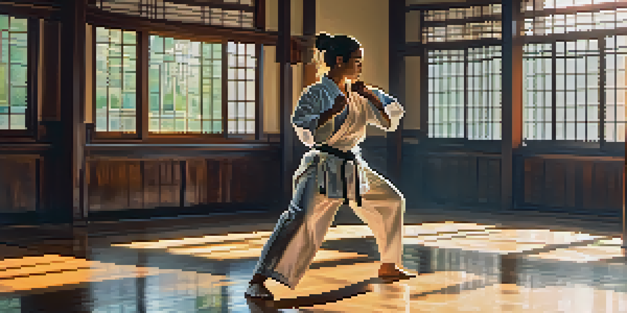 A woman demonstrating a palm strike in a dojo, with sunlight illuminating the space and other women practicing in the background.