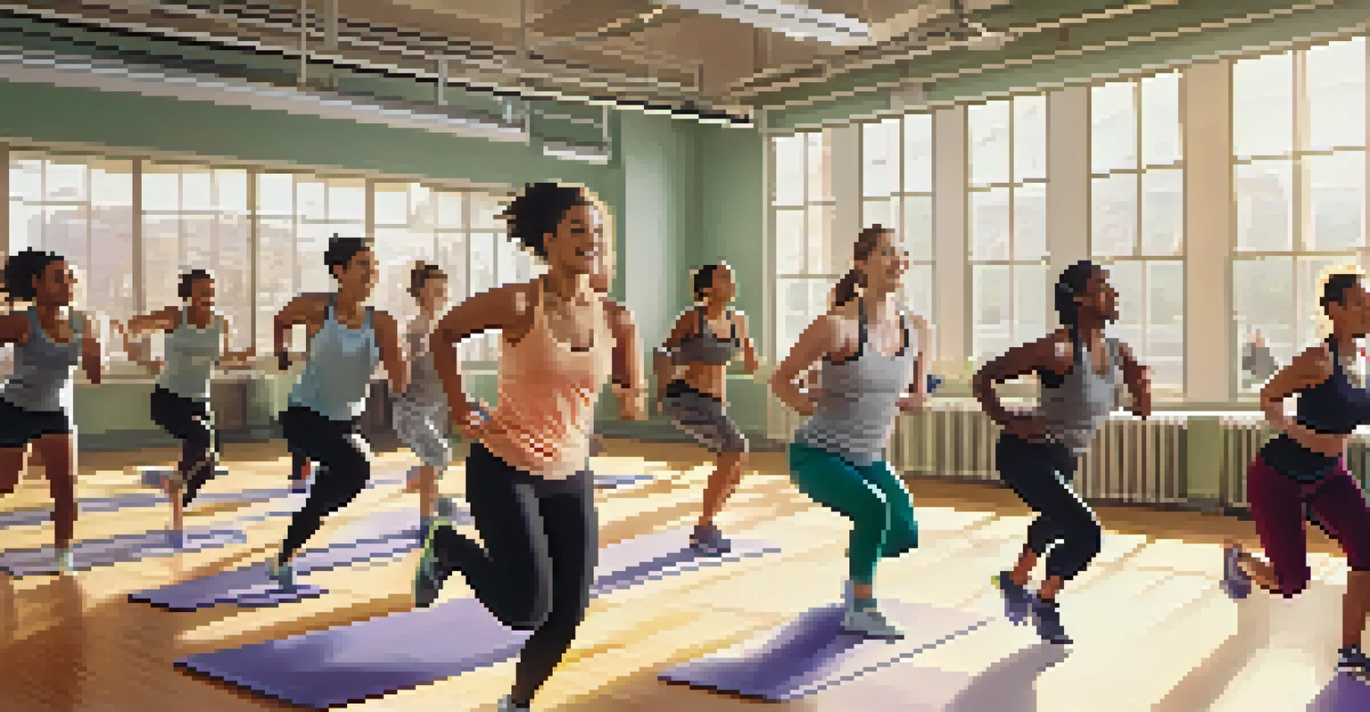 A diverse group of people participating in an energetic exercise class in a bright gym.