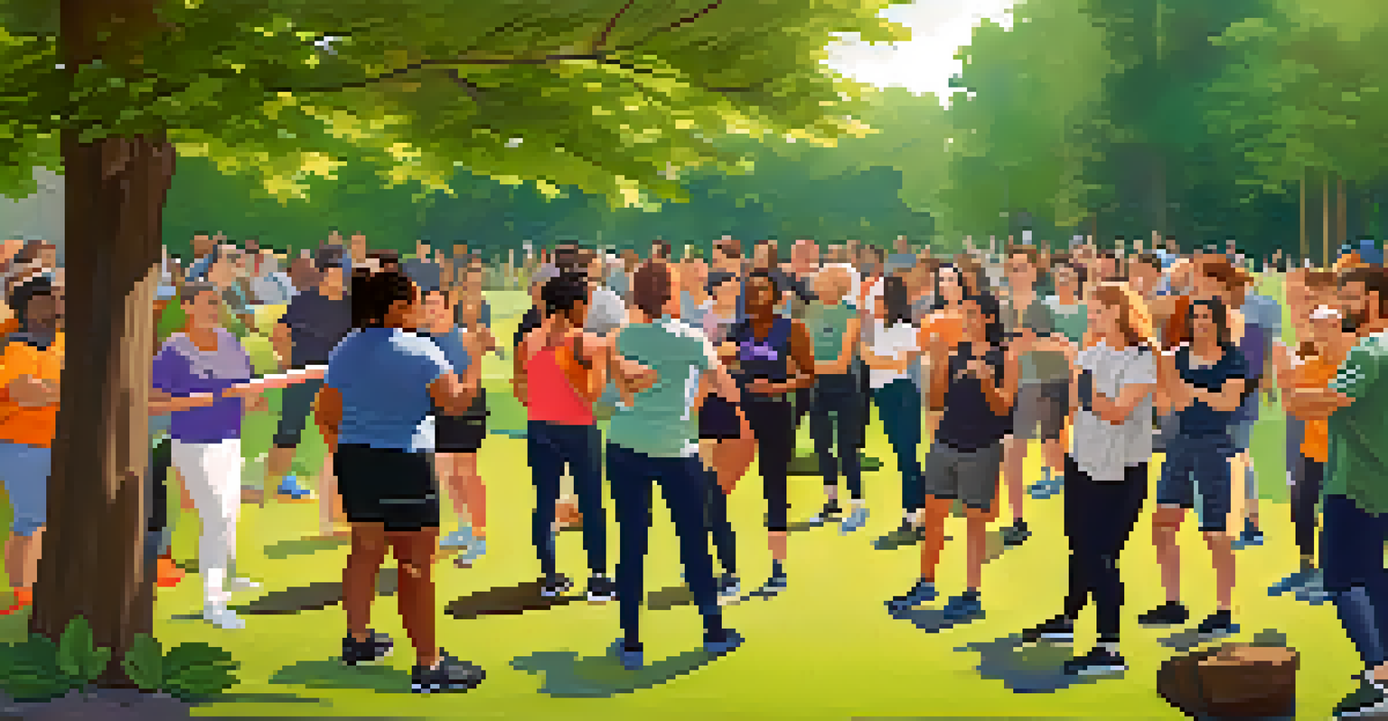 A vibrant outdoor self-defense workshop for LGBTQ+ individuals, with participants practicing techniques under the guidance of an instructor in a natural park setting.