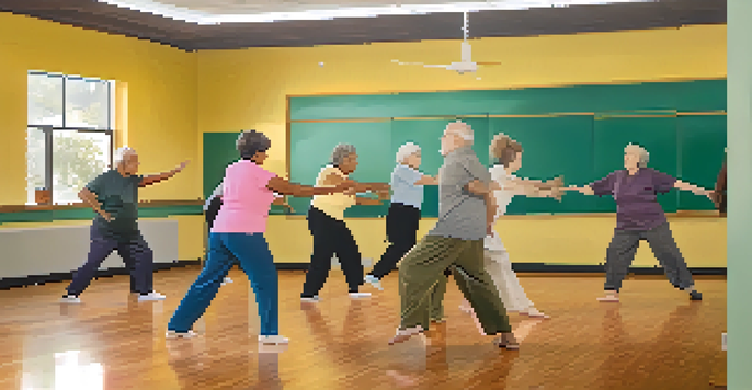 Seniors practicing self-defense in a bright community center with an attentive instructor.