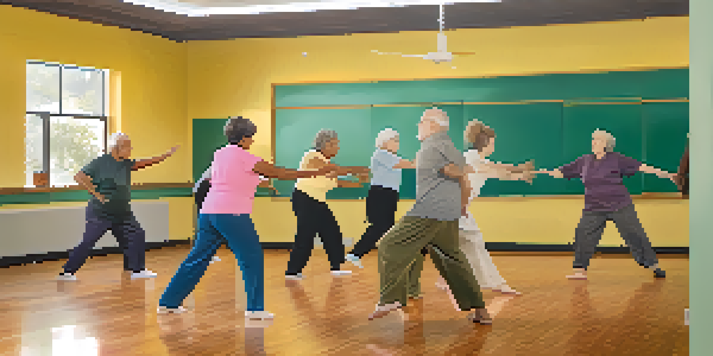 Seniors practicing self-defense in a bright community center with an attentive instructor.