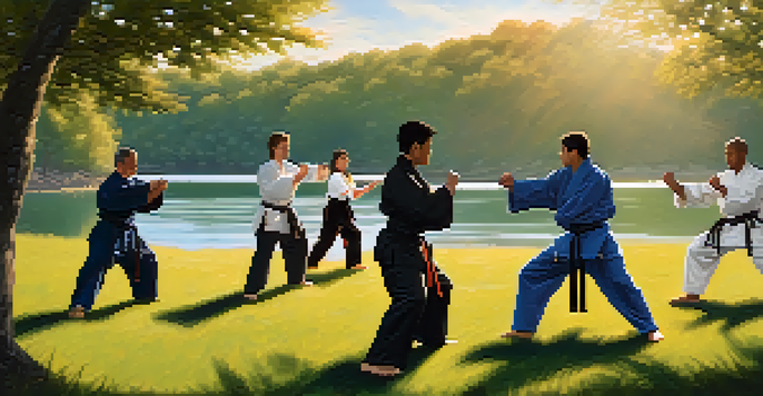 A diverse group practicing martial arts in a sunny outdoor setting, with a lake and trees in the background.