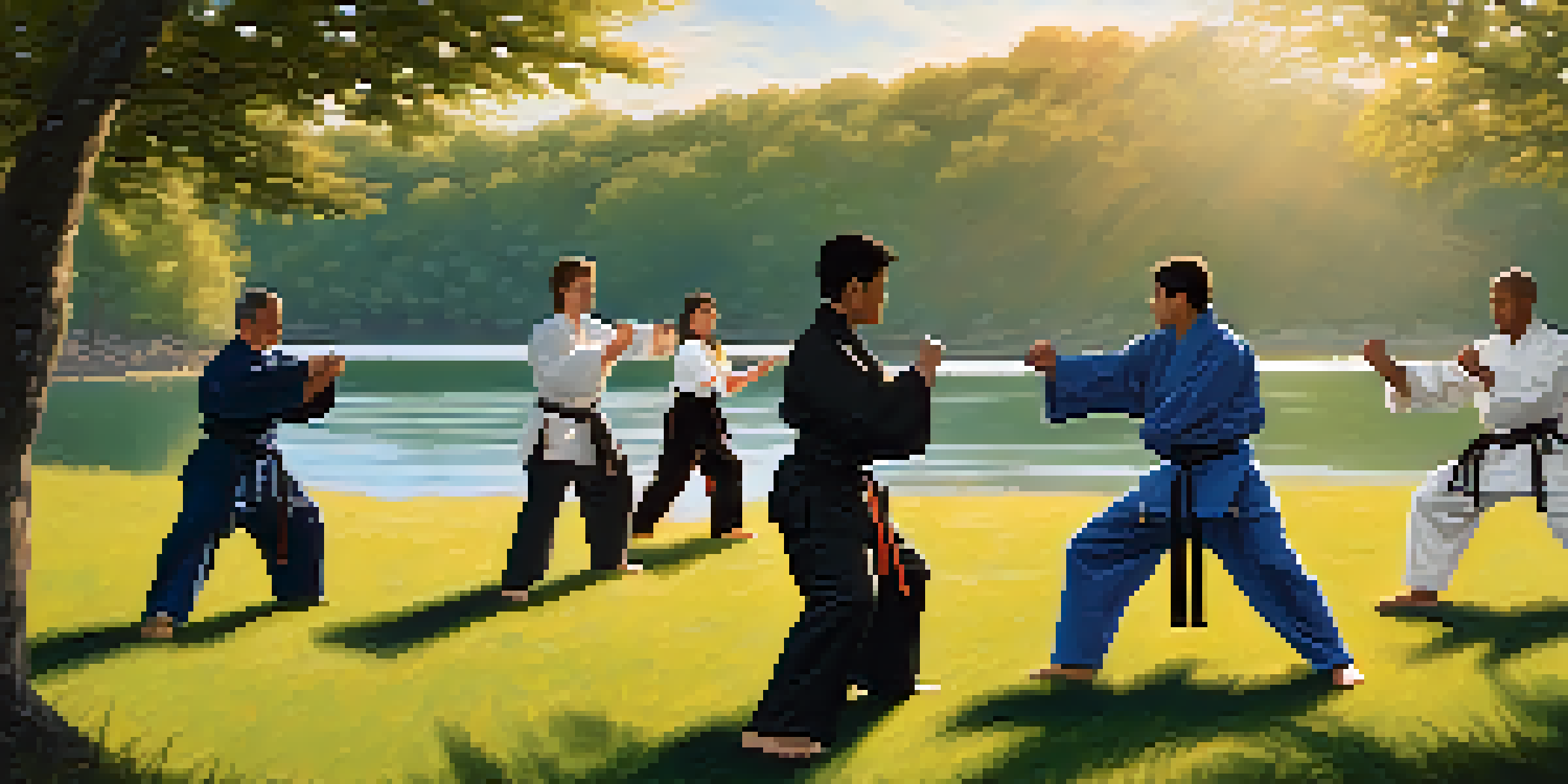 A diverse group practicing martial arts in a sunny outdoor setting, with a lake and trees in the background.