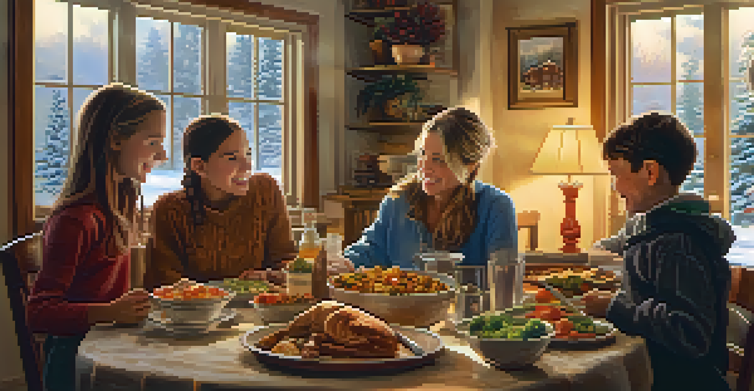 A warm indoor family scene with people gathered around a table sharing a meal, with snow visible outside the window.