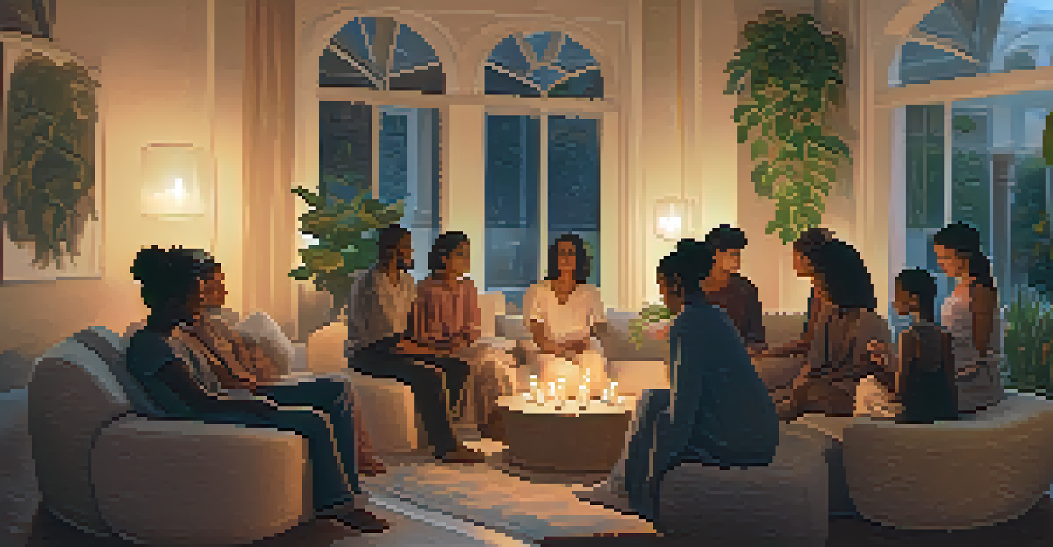 Participants engaged in a sharing circle in a warmly lit room, surrounded by cushions and candles.
