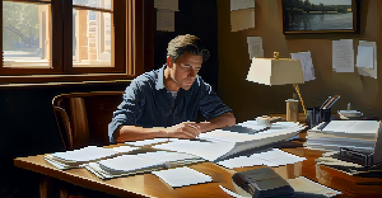 A person deep in thought at a desk, surrounded by notes and a laptop, with soft natural light illuminating their face.